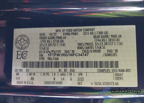 2022 Ford F-150 Raptor from USA, damaged, VIN 1FTFW1RG1NFC34747